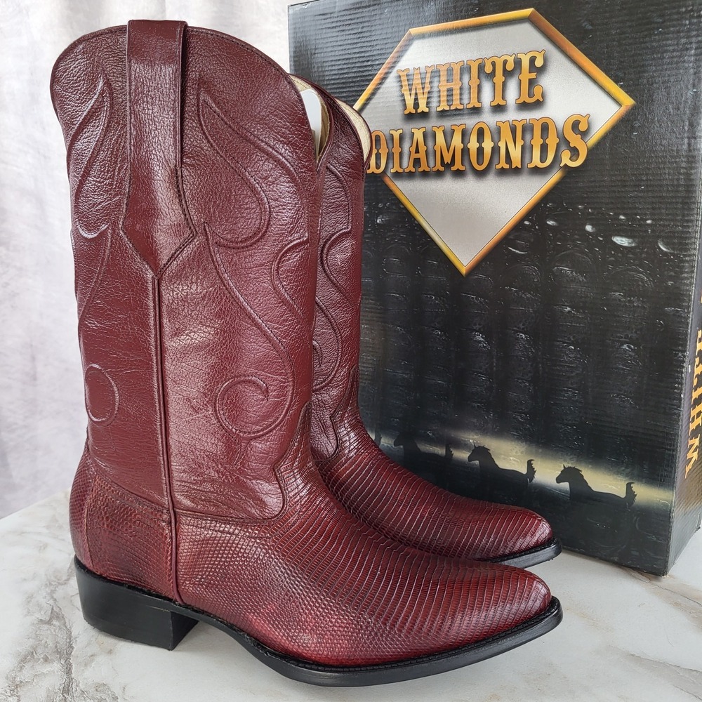 White DIAMONDS Vino Wine TEJU Lizard Western Cowboy Boots Men's 10 Burgundy